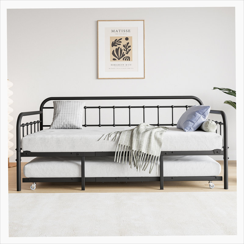 Metal Daybed Frame with Trundle Heavy Duty Steel Slat Support Sofa Bed Winston Porter